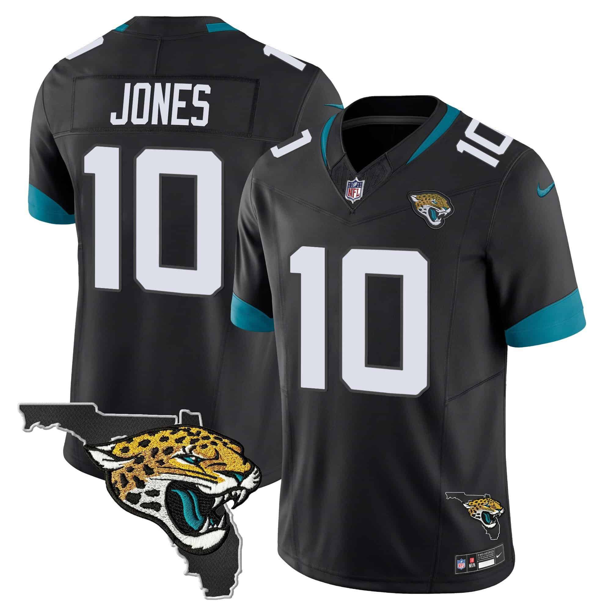 Men Jacksonville Jaguars 10 Jones Black 2024 Nike Florida Patch Vapor NFL Jersey style 1